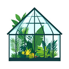 Greenhouse Filled with Lush Green Tropical Plants Under Soft Lighting on a White Background Vector Illustration for Gardening and Sustainable Living