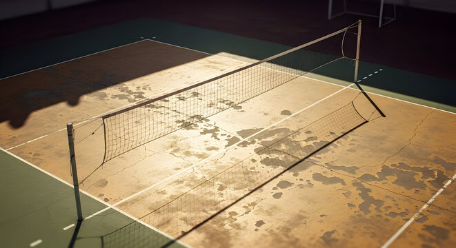 Old Indoor Volleyball Court with Worn Surface and Net in Dimly Lit Sports Facility