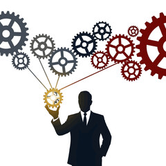 Abstract Illustration of a Business Man with Gear Wheels on White Background Conceptualizing Industry Teamwork and Mechanical Solutions with Black Suit