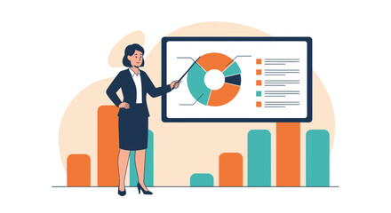 Presenter Explains Charts On Screen With Business Illustration Presenting Data Analysis