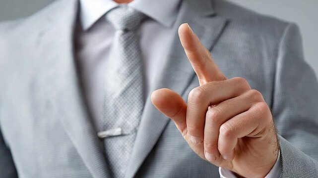 Precision and Intent: A close-up shot of a sharply dressed person, index finger extended, conveying focus and purpose. This image highlights decisive action and directed attention.