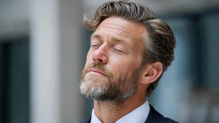 Serene Contemplation: Capturing the image of a contemplative man enjoying a moment of peace, his eyes gently closed in quiet reflection against the backdrop of an urban landscape. - Powered by Adobe