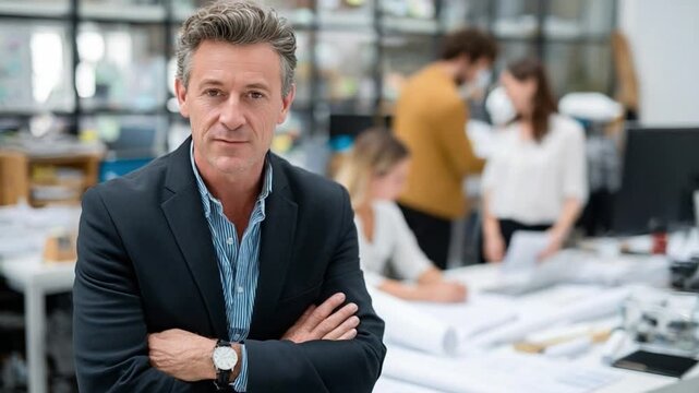 Confident Leader: A composed and experienced man, exudes confidence and authority as he stands with arms crossed, commanding attention within the dynamic backdrop of a modern office environment. 