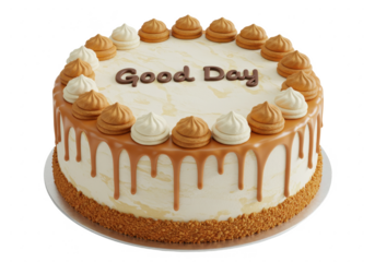 Delicious caramel drip cake with Good Day inscription and decorative frosting  isolated on transparent png