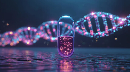 Modern medicine pill and DNA strands medical background