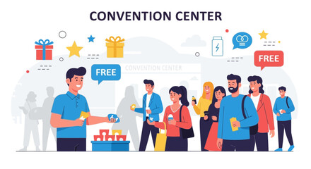 Convention Attendees Receiving Free Items Representing Community Event Promotion