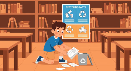 Naklejka premium Illustration of a Boy Recycling Paper in a Library Setting Showing Responsibility