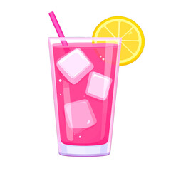 Refreshing Pink Lemonade Pixel Art with Ice Cubes and Lemon Slice Against White Background