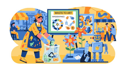 Obraz premium Whimsical Illustration of Recycling Initiative and Repurposed Waste into Art Exhibit