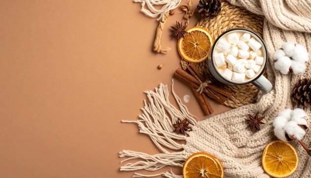 Winter concept. Top view photo of white bobble hat and knitted scarf on white wooden table background with copyspace. Cozy season. flat lay picture of warm headwear and neckwear on plain