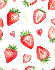 Strawberry Delight - A Watercolor Pattern of Fresh Berries and Hearts.