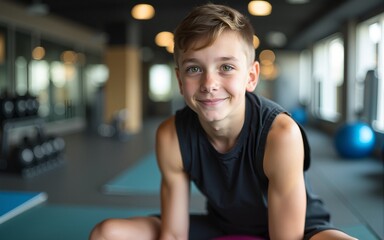 Teenage boy looking at camera while sitting on exercise ball in gym. Sport, healthy lifestyle, physical education concept. High quality