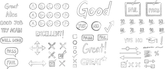 Hand Drawn Sketchy Test Results and Education Feedback Vector Set - Grades, Marks, and Arrows