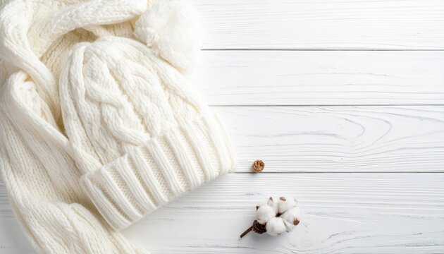 Winter concept. Top view photo of white bobble hat and knitted scarf on white wooden table background with copyspace. Cozy season. flat lay picture of warm headwear and neckwear on light