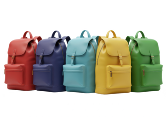 Five colorful backpacks in a row  isolated on transparent png