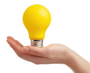 Woman hand with bright yellow light bulb isolated on transparent background