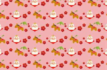 午年　年賀状素材　木馬のおもちゃと梅と鏡餅のパターン素材