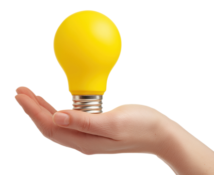 Woman hand with bright yellow light bulb isolated on transparent background
