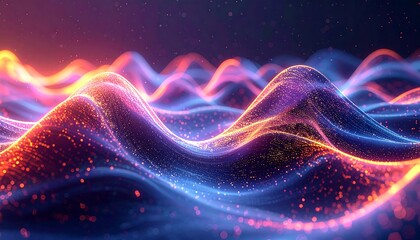 Abstract flowing waves with glowing particles, red and blue hues