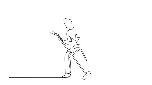 Self drawing animation of single continuous line drawing a man in casual clothes singing while holding a standing mic and posing. Appearance of rockstar. National Sing Out Day. Full length animated