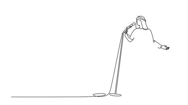 Animation of single continuous line drawing Arabian man singing while holding a standing mic and posing. Final sound check before performing at a concert. National Sing Out Day. Full length motion