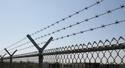 Razor wire on a chain-link fence against a clear sky