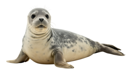 Young harbor seal poses looking forward isolated on transparent background