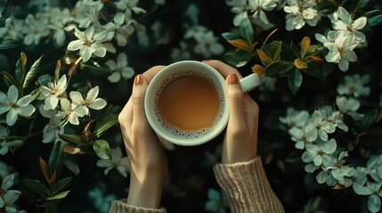 Cozy autumn coffee celebration amid blossoming flowers for international coffee day