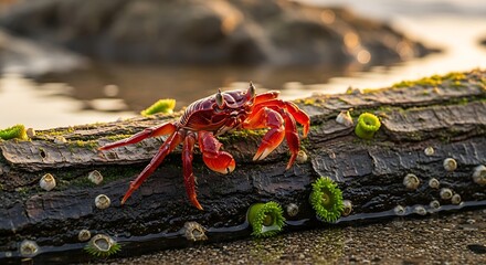 Red crab on driftwood at sunset