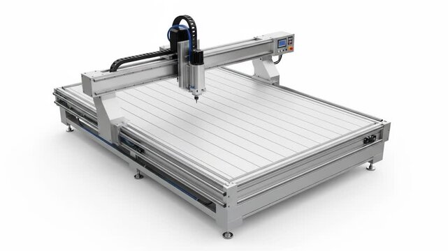 A large, modern, automated cutting machine with a silver aluminum frame and white surface, set against a white background
