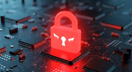 Red padlock on circuit board