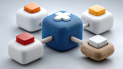 Group of wooden cubes arranged in an artistic display representing interactive user interface concepts in digital design