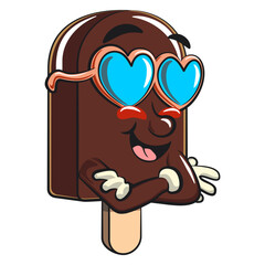 cute chocolate ice cream bar mascot cartoon vector illustration isolated wearing heart shaped beach sunglasse, work of hand drawn