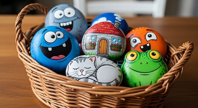 Painted Rocks in a Basket - Whimsical Art and Playful Designs.