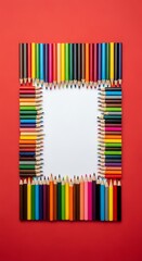 Colorful Pencils Frame on Red Background for Creative Projects.