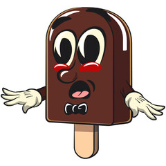 cute chocolate ice cream bar mascot cartoon vector illustration isolated surprised when wearing a bow tie and feeling cool, work of hand drawn