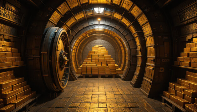 Vault security measures underground bank digital art dark environment low angle view wealth preservation concept