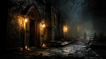 Fototapeta premium Faint apparition near old chapel door