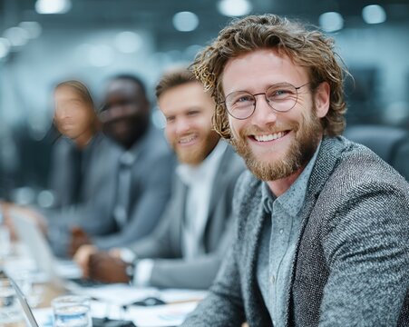 Diverse team of accountants collaborating over reports and laptops in a bright, modern conference room