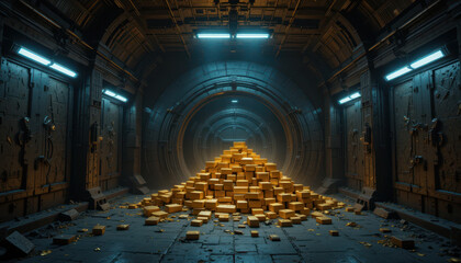 Treasure trove discovery underground vault digital art sci-fi environment wide angle view golden wealth concept