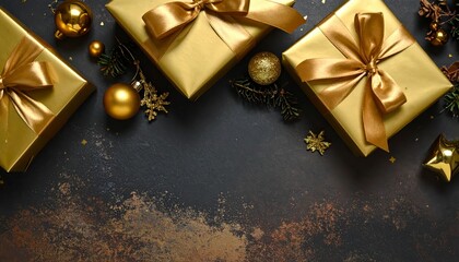 Luxury metallic Christmas presents and decorations overhead view blank space design season gold. Festive metallic ornament and gift for xmas top view empty area idea holiday