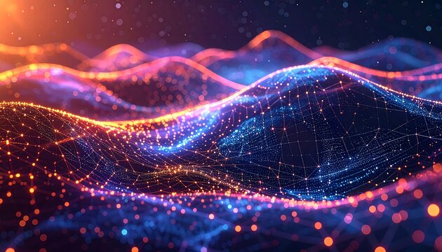 Abstract network of luminous particles in a digital undulating design