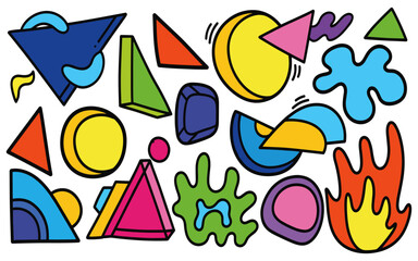 Colorful Abstract Geometric Shape Vector Set. Collection of Trendy Hand Drawn Memphis Style Objects, including Triangles, Circles, Blobs, and Fire. Concept for 90s Design, Retro, and Fun Background.