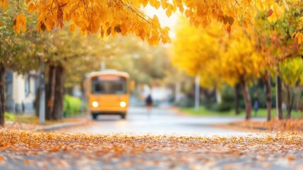 A child walks towards a waiting school bus, surrounded by a colorful display of autumn leaves. The scene captures the essence of a lively neighborhood filled with fall's beauty