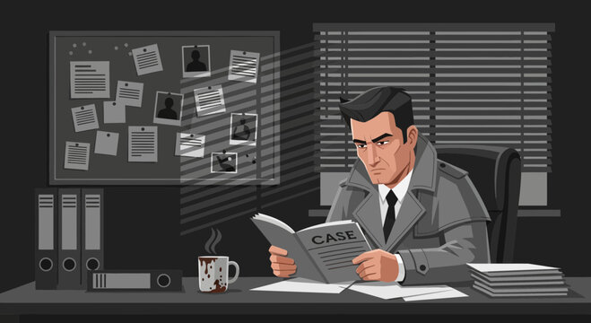 Intense detective immersed in a perplexing case within his shadowy office