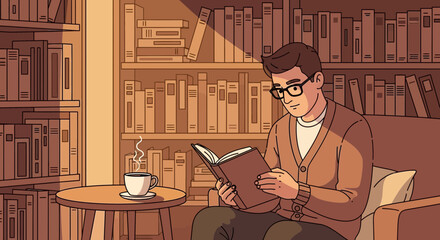 Serene moment: Man enjoying a book with coffee amidst a library ambiance