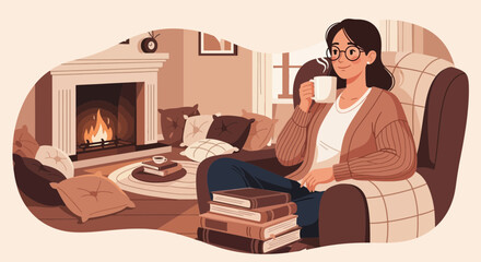 Obraz premium A Cozy Evening Indoors: Woman Relaxing by the Fireplace with a Warm Drink