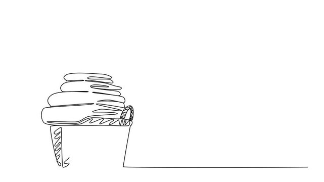 Self drawing animation of continuous one line drawing pile of white towels of various sizes in a wicker basket. A collection of towels is ready to be used by guests. Towel Day. Full length animated