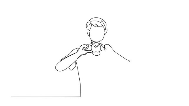 Animated self drawing of single continuous line drawing a man in casual clothes holds a thyroid gland mockup with both hands. Thyroid gland during treatment. World Thyroid Day. Full length animation