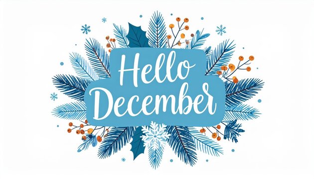 Hello December. DECEMBER month decoration with flowers and leaves. Illustration month December. Hello Winter. Festive floral leaf adornment welcome cold season holiday.